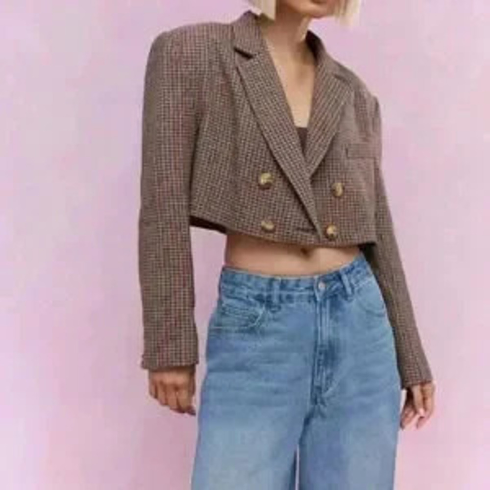 Multicolor Women's Plaid Wool Double Breasted Crop Jacket